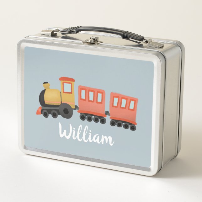 Boys Cute Blue Modern Train Travel School Metal Lunch Box (Front)