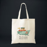Boys Cute Blue Nautical Boat Kids School Tote Bag<br><div class="desc">This cute kids tote bag design features a modern boat illustration and can be personalised with your boy's name. The perfect nautical gift for any toddler,  child,  or ocean lover - a great addition to your child's back to school supplies!</div>