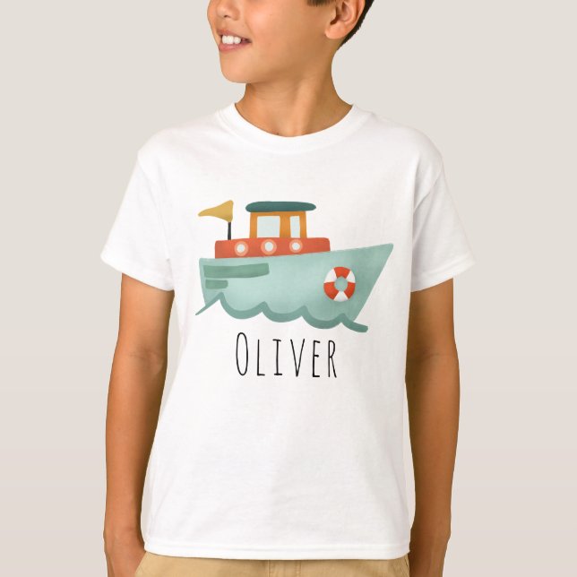  Boys Cute Blue Nautical Boat Kids T-Shirt (Front)
