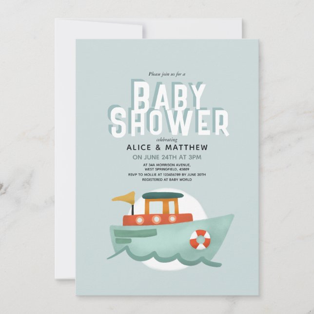 Boys Cute Blue Ocean Boat Baby Shower Invitation (Front)