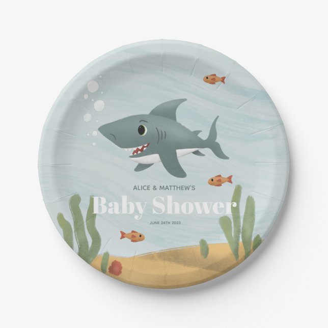 Boys Cute Blue Ocean Sea Shark Baby Shower Paper Plate (Front)