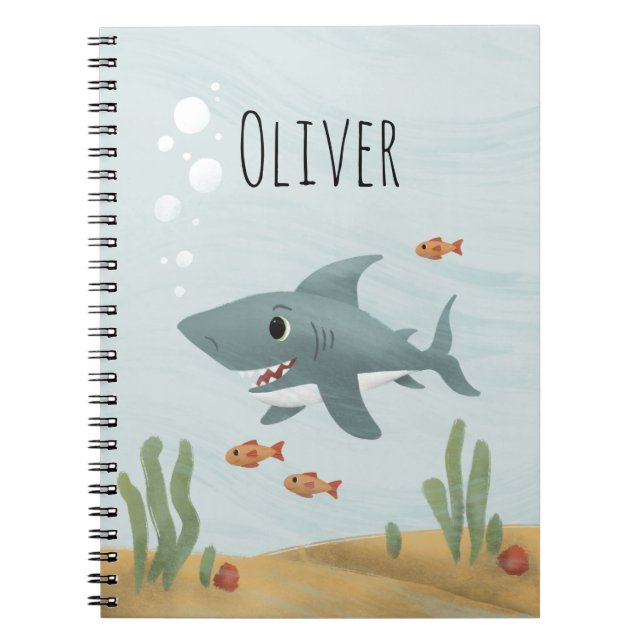Boys Cute Blue Ocean Shark Kids School Notebook (Front)