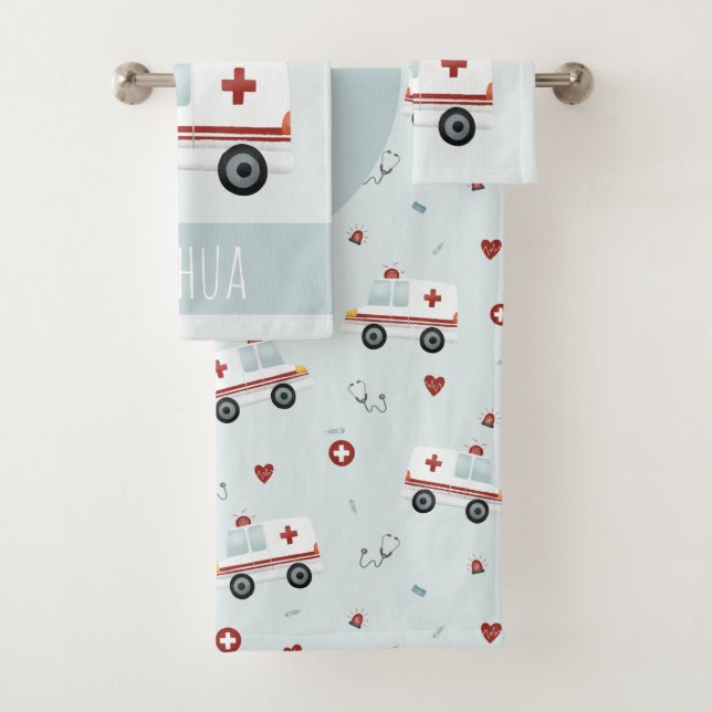 Boys Cute Blue Paramedic Ambulance Pattern Kids Bath Towel Set (Insitu)