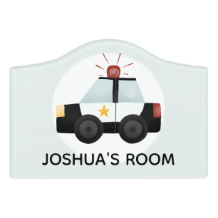 Boys Cute Blue Police Car Cartoon Kids Nursery Door Sign