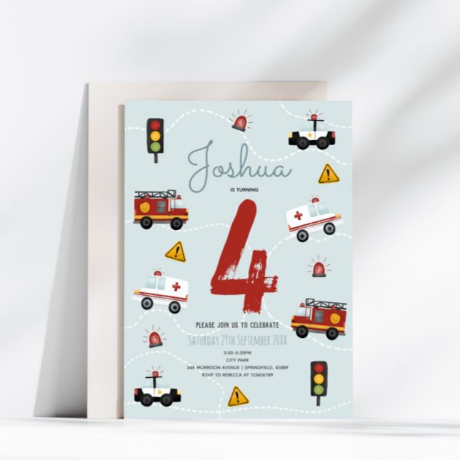 Boys Cute Blue Police Emergency Travel Birthday Invitation (Creator Uploaded)