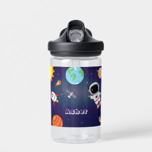 Boys Cute Blue Rocket Astronaut Space Kids School Water Bottle
