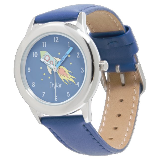 Boys Cute Blue Rocket Ship Space and Name Kids Watch (Angled)