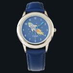 Boys Cute Blue Rocket Ship Space and Name Kids Watch<br><div class="desc">This cute kids watch features a beautiful and colourful hand drawn rocket ship in outer space. This unique blue design also features a place for you to add your boys name. With easy to read numbers, this design is perfect for your toddler or child's first watch!</div>