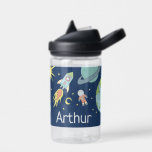 Boys Cute Blue Rocket Ship Space Kids School Water Bottle<br><div class="desc">This cute and modern kids school water bottle design features a space design,  with a rocket ship,  astronaut,  stars,  planets,  and moon,  and can be personalised with your boys name. The perfect blue space and earth-themed addition to your boys school supplies,  perfect for preschool or kindergarten!</div>