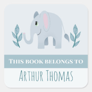 Boys Cute Blue Safari Elephant Kids Bookplate Square Sticker