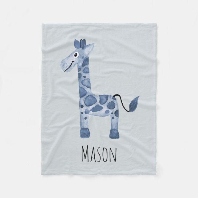 Boy's Cute Blue Safari Giraffe and Name Fleece Blanket (Front)