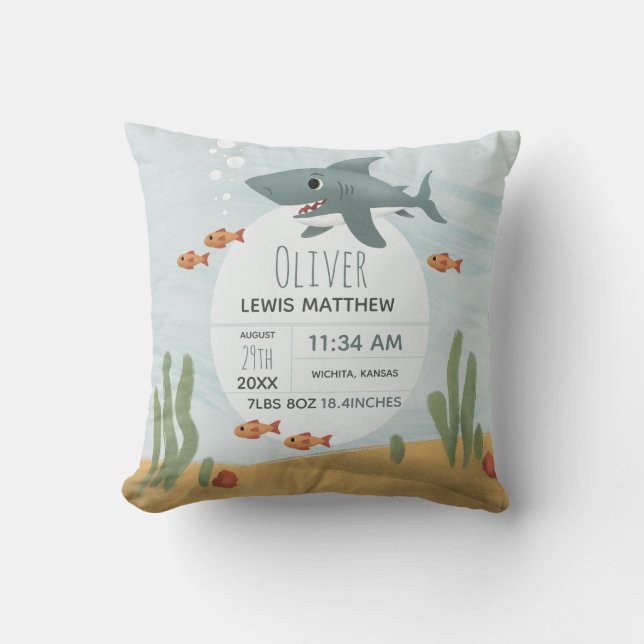 Boys Cute Blue Shark Keepsake Birth Stats Cushion (Front)