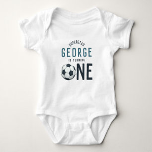 Boys Cute Blue Soccer 1st Birthday Baby Bodysuit
