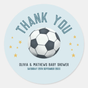 Boys Cute Blue Soccer Thank You Baby Shower Classic Round Sticker