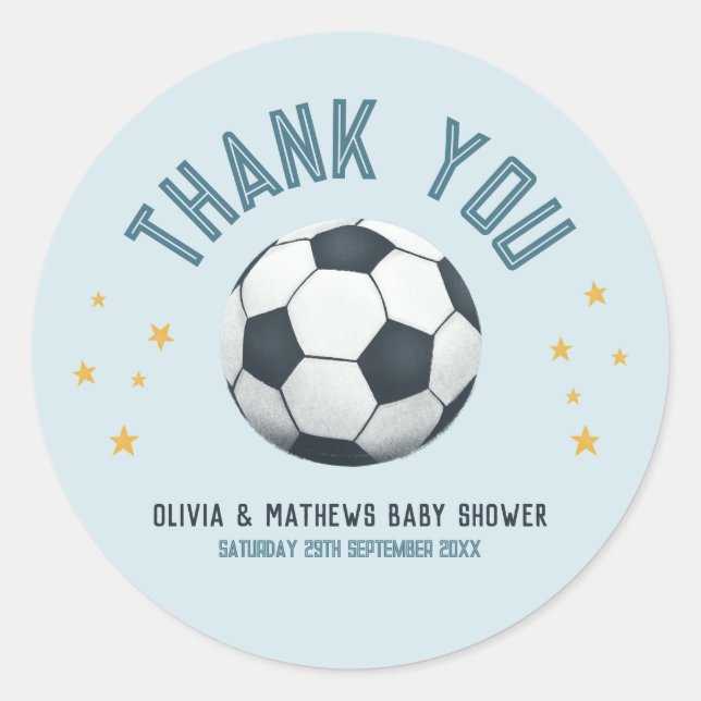 Boys Cute Blue Soccer Thank You Baby Shower Classic Round Sticker (Front)