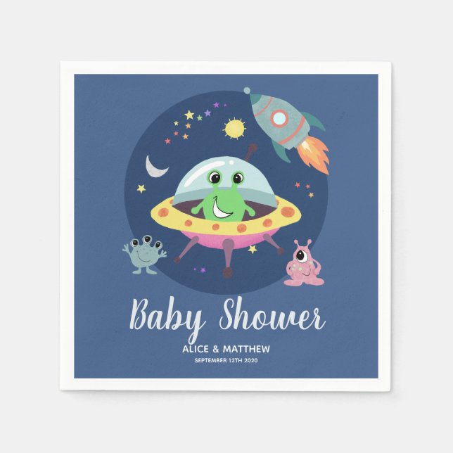 Boys Cute Blue Space Alien Baby Shower Napkins (Front)