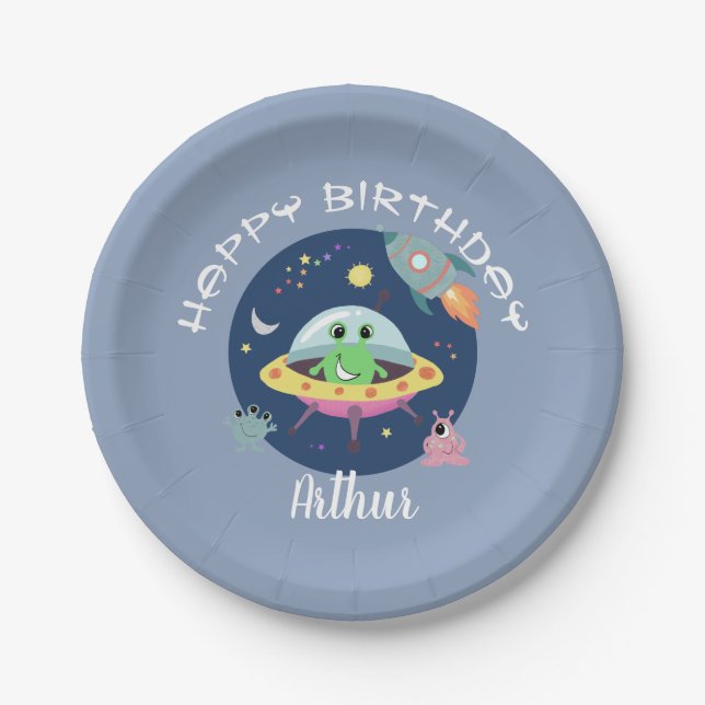 Boys Cute Blue Space Alien Galaxy Birthday Paper Plate (Front)