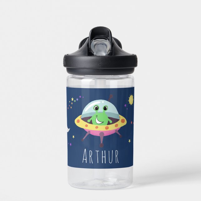 Boys Cute Blue Space Alien Monster Kids School Water Bottle (Front)