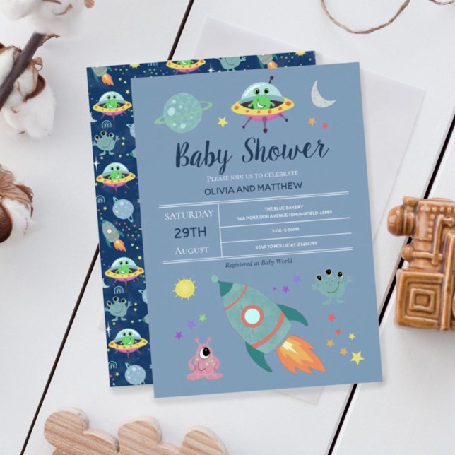 Boys Cute Blue Space Alien Rocket Baby Shower Invitation (Creator Uploaded)