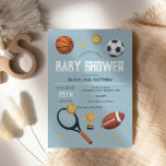 Boys Cute Blue Sports Baby Shower Invitation<br><div class="desc">This cute and modern boys baby shower invitation design features a blue sports cartoon pattern, with a basketball, football, soccer ball, tennis racket, trophy, and stars. The invite can be personalised with the parent's names and other details necessary for your party. The perfect sports themed addition to your co-ed couples...</div>