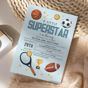 Boys Cute Blue Sports Superstar Baby Shower Invitation
