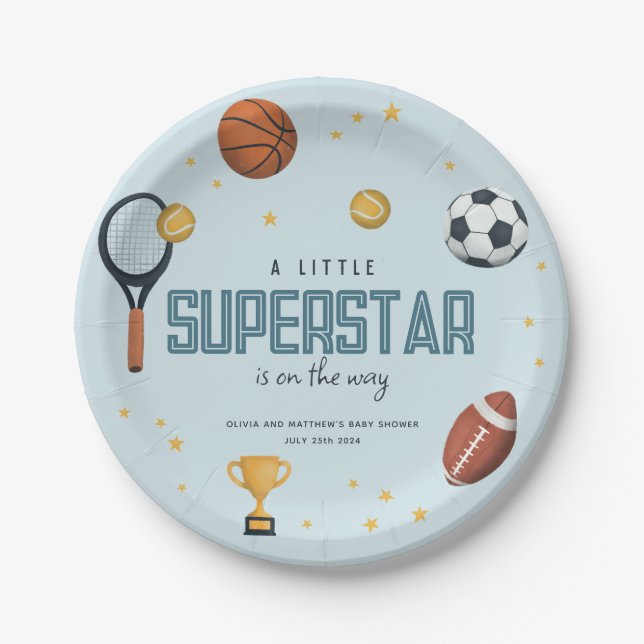 Boys Cute Blue Sports Superstar Baby Shower Paper Plate (Front)
