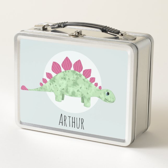 Boys Cute Blue Stegosaurus Dinosaur Cartoon Kids Metal Lunch Box (Front)