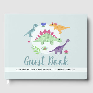 Boys Cute Blue T-Rex Dinosaur Baby Shower Guest Book