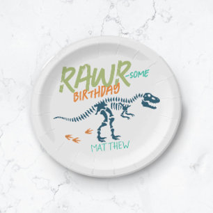 Boys Cute Blue T-Rex Dinosaur Dig Kids Birthday Paper Plate