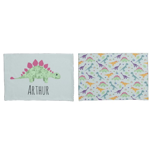 Boys Cute Blue T-Rex Dinosaur Name Kids Pillowcase (Front-Set)