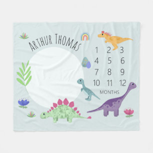 Boys Cute Blue T-Rex Dinosaur Name Milestone Baby Fleece Blanket