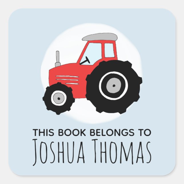 Boys Cute Blue This Book Belongs Tractor Kids Square Sticker (Front)