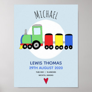 Boys Cute Blue Train Keepsake Baby Nursery Poster