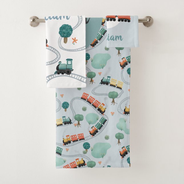 Boys Cute Blue Train Pattern Kids Bath Towel Set (Insitu)