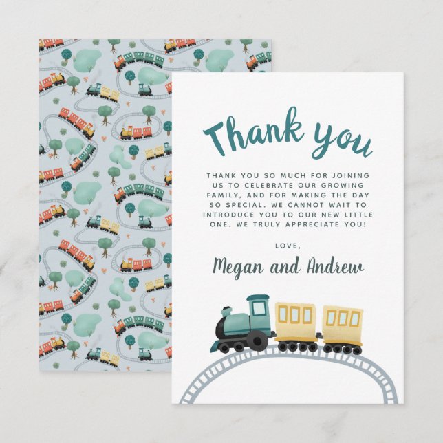 Boys Cute Blue Train Thank You Baby Shower (Front/Back)