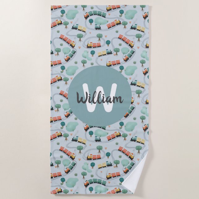 Boys Cute Blue Train Travel Kids Beach Towel (Front)