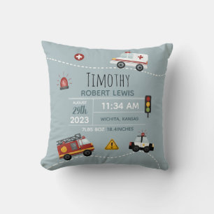 Boys Cute Blue Transport Birth Stats & Name Cushion