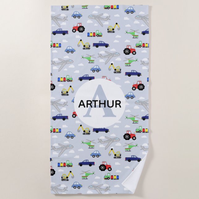Boys Cute Blue Transport Pattern Car Name Kids Beach Towel (Front)