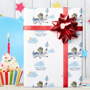 Boys Cute Blue Travel Aeroplane Kids 1st Birthday Wrapping Paper
