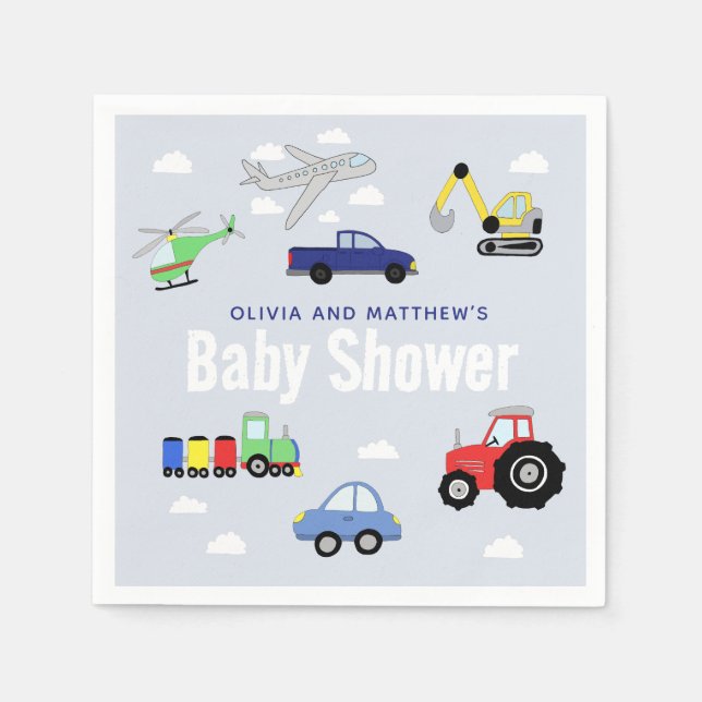 Boys Cute Blue Travel Vehicle Baby Shower Napkin (Front)