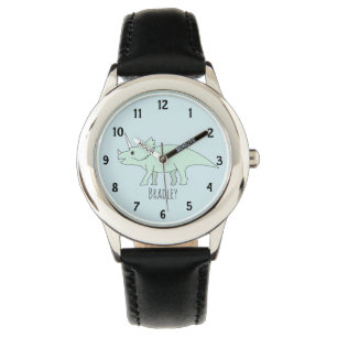 Boys Cute Blue Triceratops Dinosaur & Name Kids Watch
