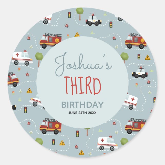 Boys Cute Blue Vehicle Kids Birthday Classic Round Sticker (Front)