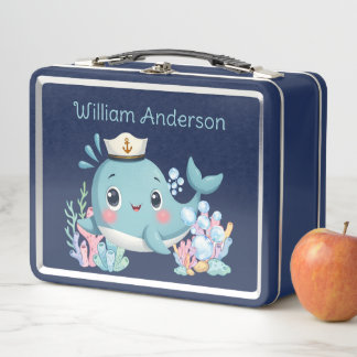 Boys Cute Blue Whale Kids School Metal Lunch Box