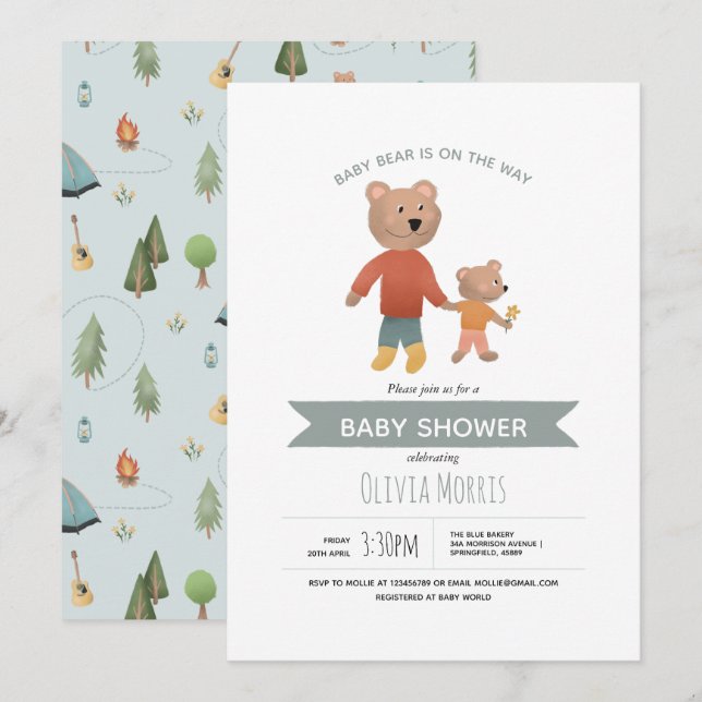 Boys Cute Blue Woodland Forest Bear Baby Shower Invitation (Front/Back)