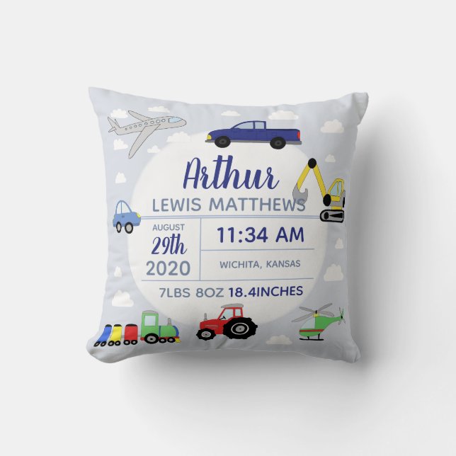 Boys Cute Car Aeroplane Name Baby Boy Birth Stats Cushion (Front)