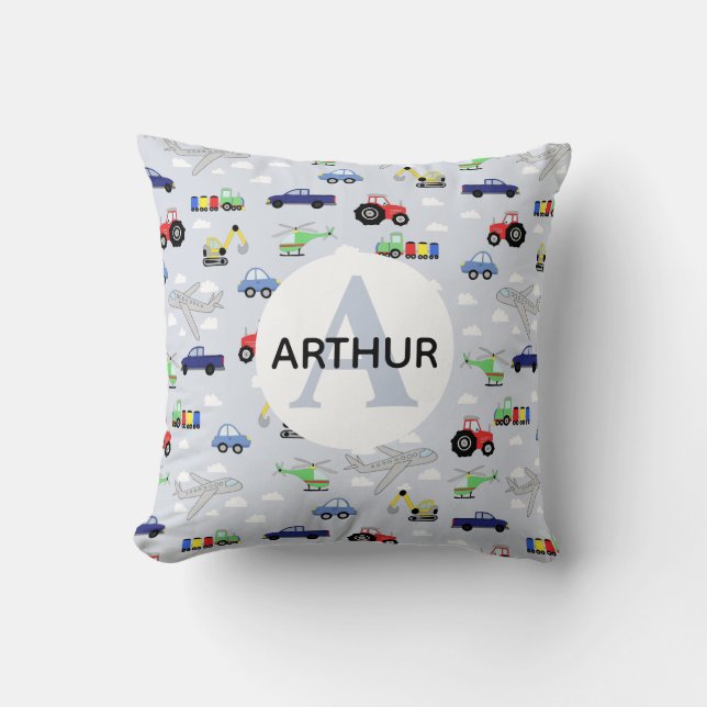 Boys Cute Car Truck Tractor Aeroplane and Name Kid Cushion (Front)