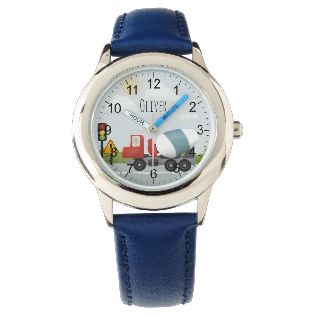 Boys Cute Cement Mixer on Road Kids Watch (Front)
