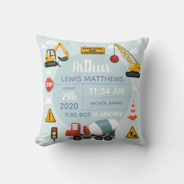 Boys Cute Construction Digger Baby Boy Birth Stats Cushion (Front)
