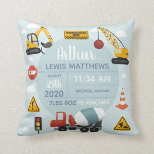 Boys Cute Construction Digger Baby Boy Birth Stats Cushion