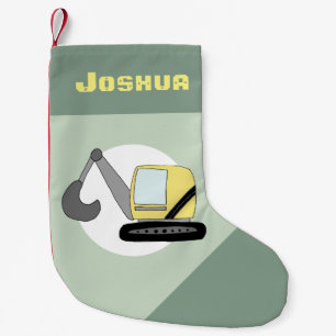 Boys Cute Construction Digger Doodle and Name Small Christmas Stocking